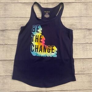 Be The Change Tek Gear Racerback Tank Top Blue Girl Medium Activewear Sport NWOT